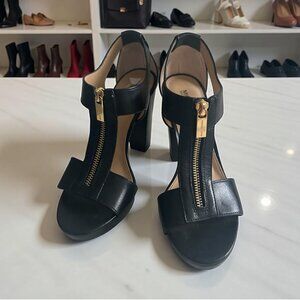 MICHAEL KORS Black Gold Leather Platform Zip Heels Size 7